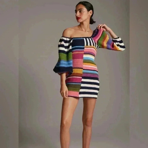 Anthropologie Farm Rio Stripe Mini Dress Crochet Knit Puff Sweater Chunky S $265 - Picture 2 of 12